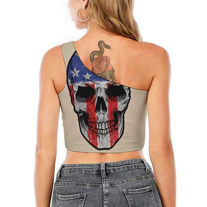 American Patriotic Skull Print One Shoulder Crop Top