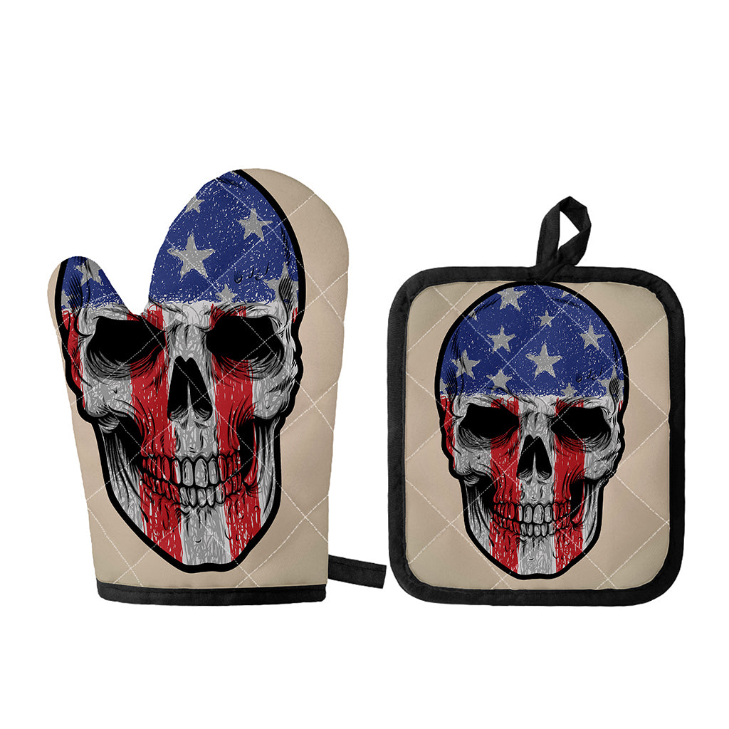 American Patriotic Skull Print Oven Mitt And Pot Holder Set