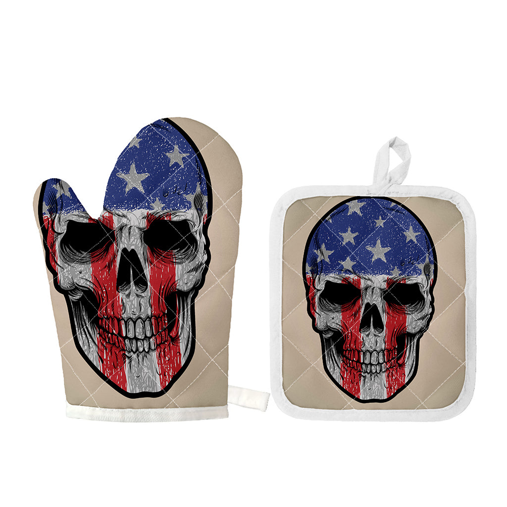American Patriotic Skull Print Oven Mitt And Pot Holder Set