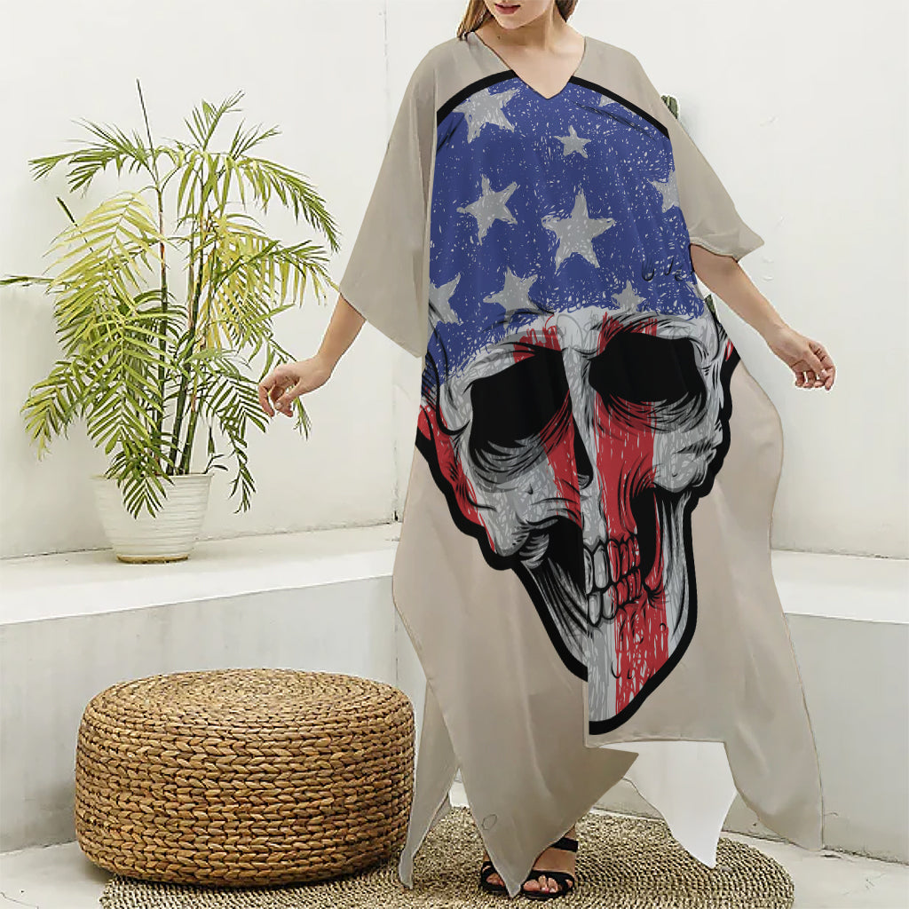 American Patriotic Skull Print Silk V-Neck Kaftan Dress