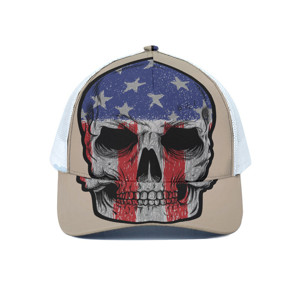 American Patriotic Skull Print White Mesh Trucker Cap