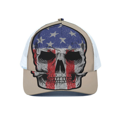 American Patriotic Skull Print White Mesh Trucker Cap