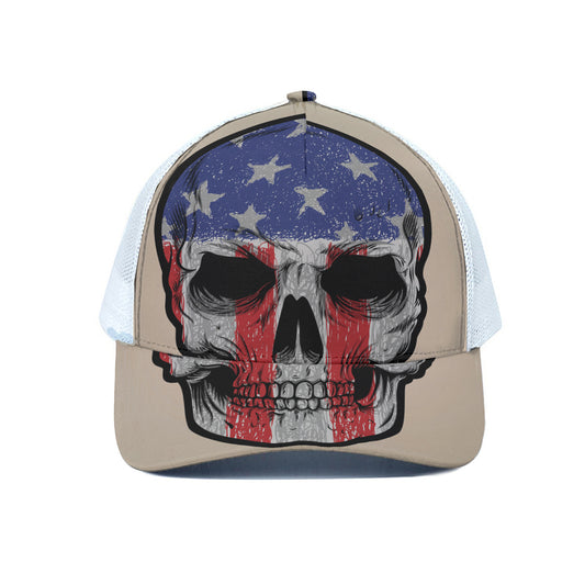 American Patriotic Skull Print White Mesh Trucker Cap