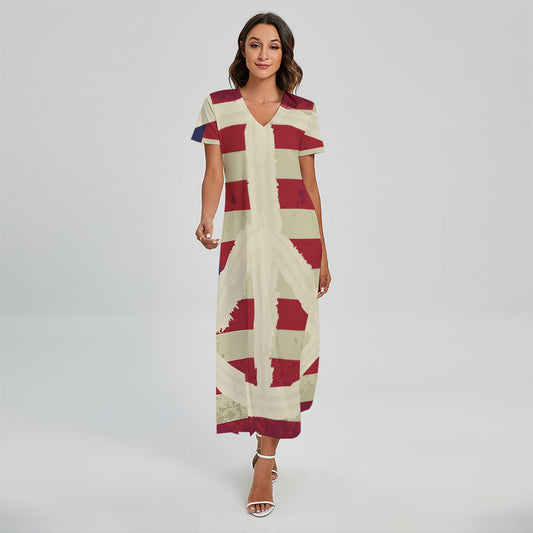 American Peace Flag Print Short Sleeve Maxi Dress