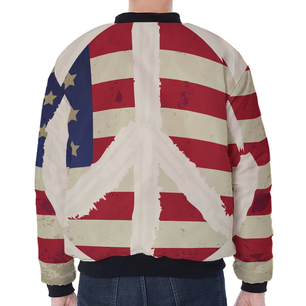 American Peace Flag Print Zip Sleeve Bomber Jacket