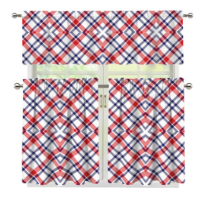 American Plaid Pattern Print 3 Piece Kitchen Curtains