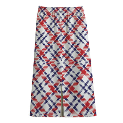 American Plaid Pattern Print Cotton Front Slit Maxi Skirt