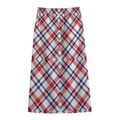 American Plaid Pattern Print Cotton Front Slit Maxi Skirt