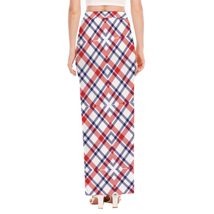 American Plaid Pattern Print High Slit Maxi Skirt