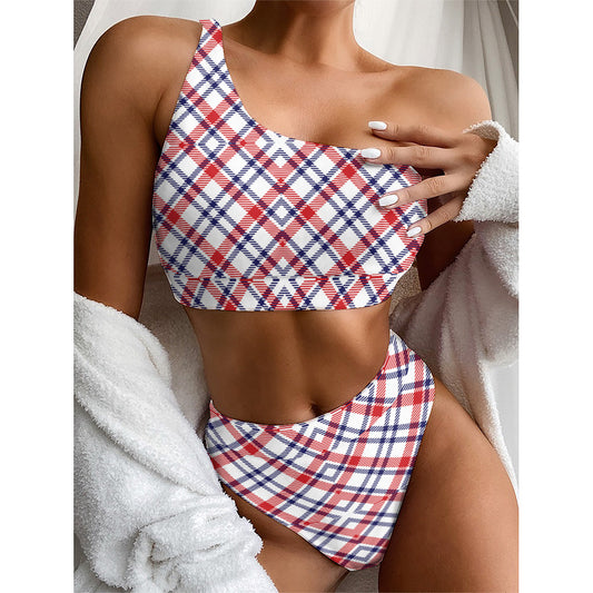 American Plaid Pattern Print One Shoulder Bikini Top