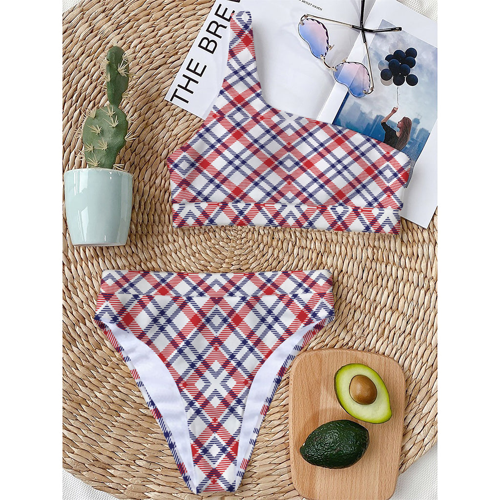 American Plaid Pattern Print One Shoulder Bikini Top