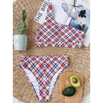 American Plaid Pattern Print One Shoulder Bikini Top