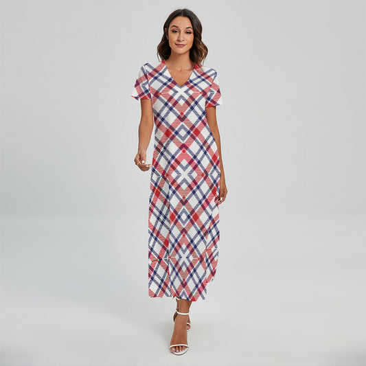 American Plaid Pattern Print Short Sleeve Maxi Dress