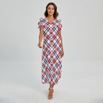 American Plaid Pattern Print Short Sleeve Maxi Dress