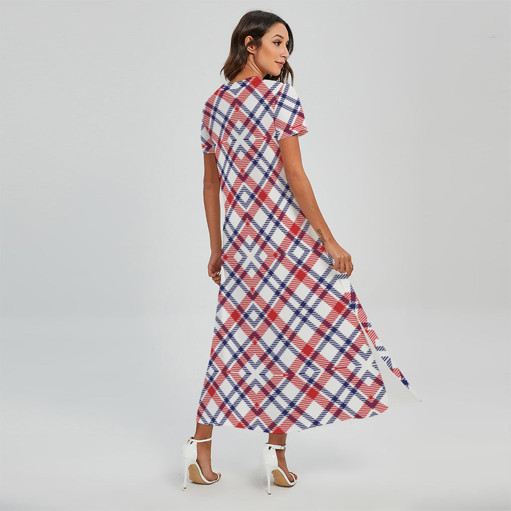 American Plaid Pattern Print Short Sleeve Maxi Dress