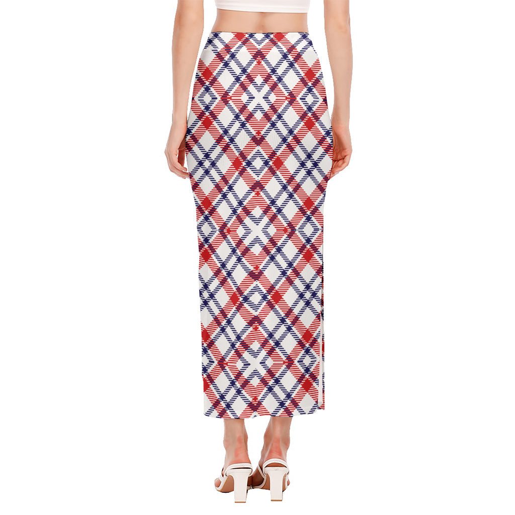 American Plaid Pattern Print Side Slit Maxi Skirt