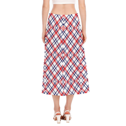 American Plaid Pattern Print Side Slit Midi Skirt