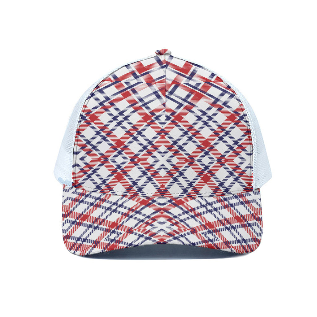 American Plaid Pattern Print White Mesh Trucker Cap