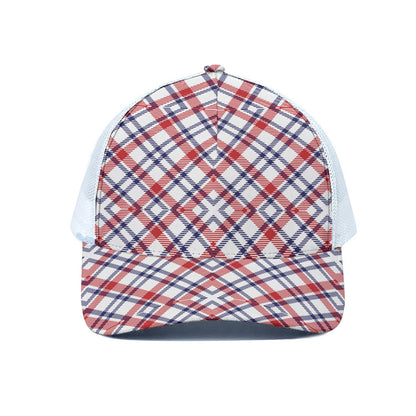 American Plaid Pattern Print White Mesh Trucker Cap