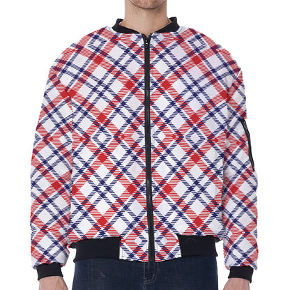 American Plaid Pattern Print Zip Sleeve Bomber Jacket