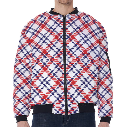 American Plaid Pattern Print Zip Sleeve Bomber Jacket