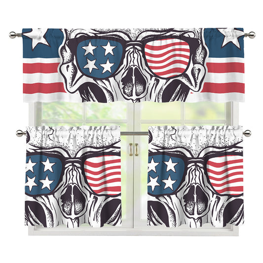 American Skull With Sunglasses Print 3 Piece Kitchen Curtains