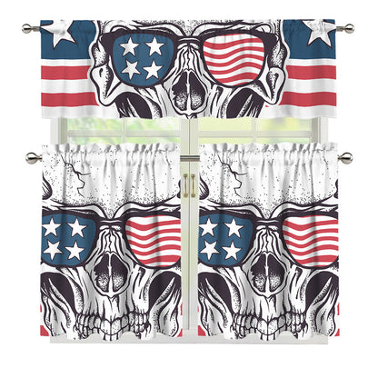 American Skull With Sunglasses Print 3 Piece Kitchen Curtains