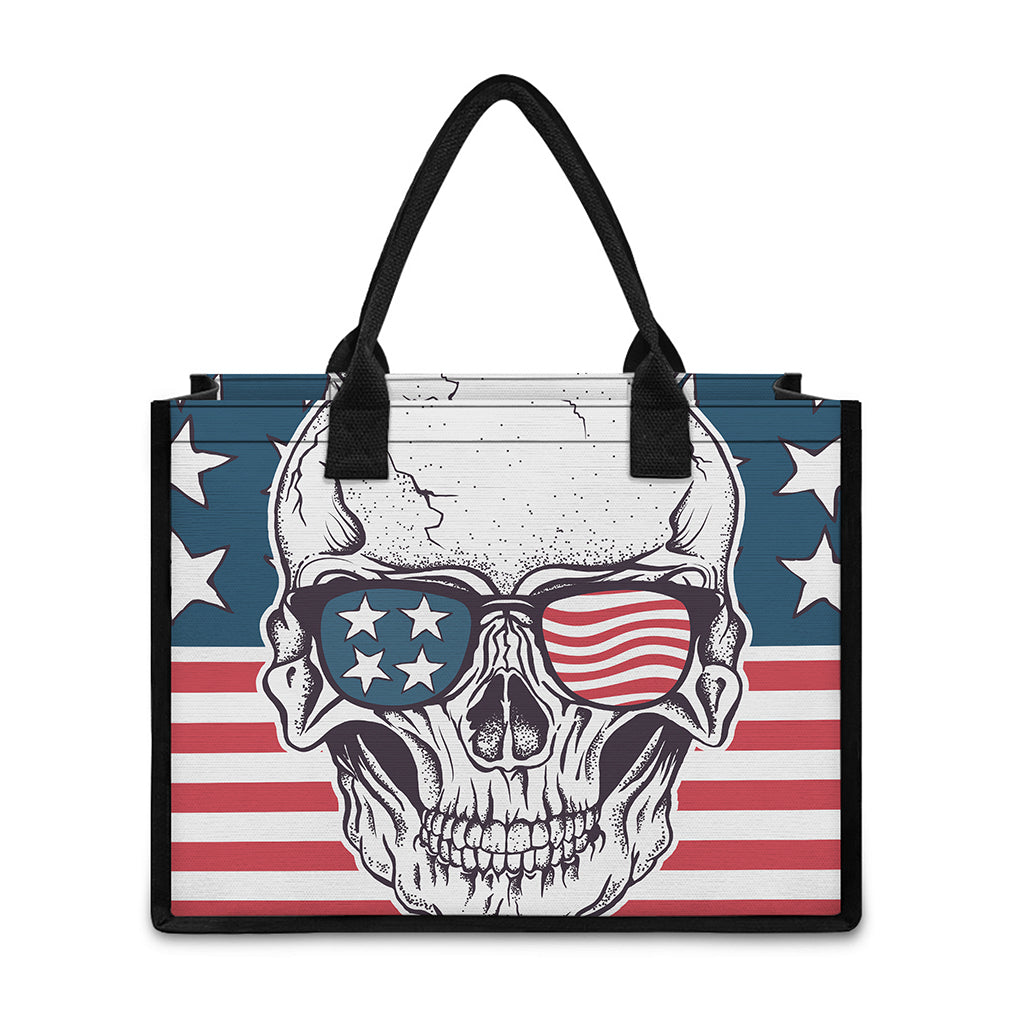 American Skull With Sunglasses Print Canvas Tote Bag