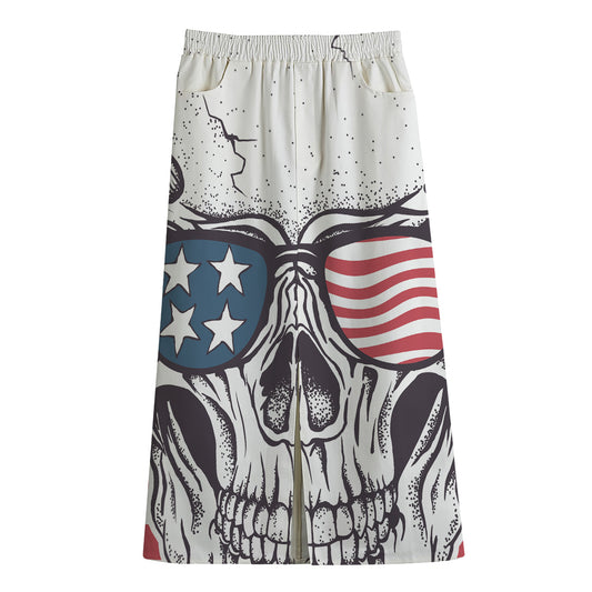 American Skull With Sunglasses Print Cotton Front Slit Maxi Skirt
