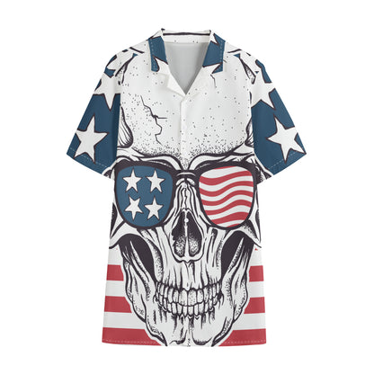 American Skull With Sunglasses Print Cotton Hawaiian Shirt