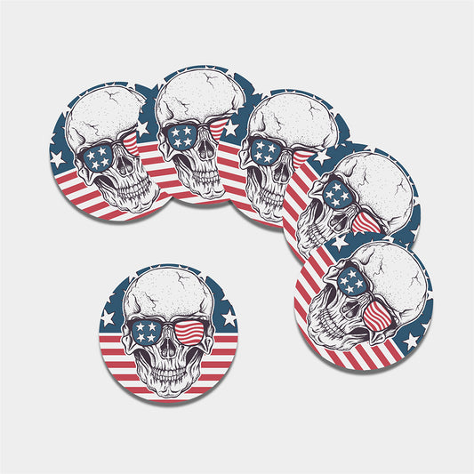 American Skull With Sunglasses Print Leather Coaster Set