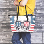 American Skull With Sunglasses Print Leather Tote Bag