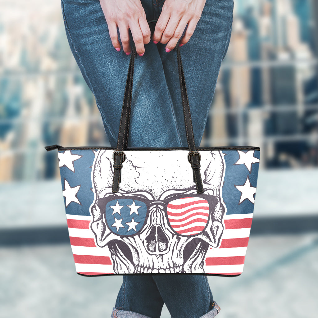 American Skull With Sunglasses Print Leather Tote Bag