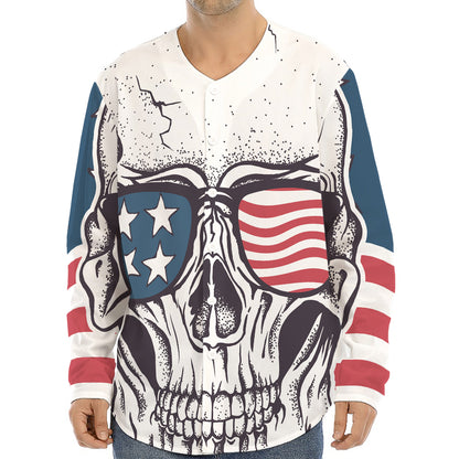 American Skull With Sunglasses Print Long Sleeve Baseball Jersey