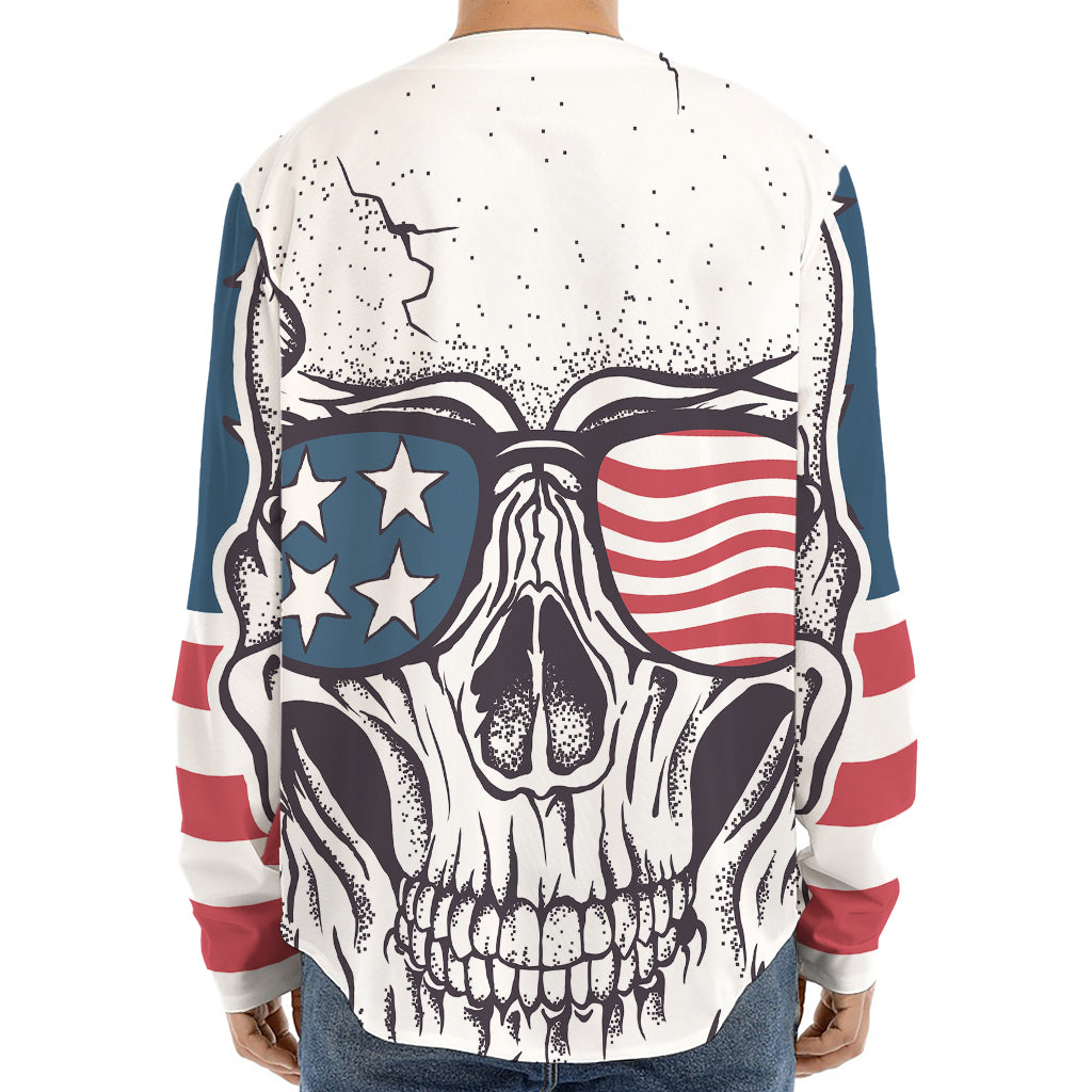 American Skull With Sunglasses Print Long Sleeve Baseball Jersey