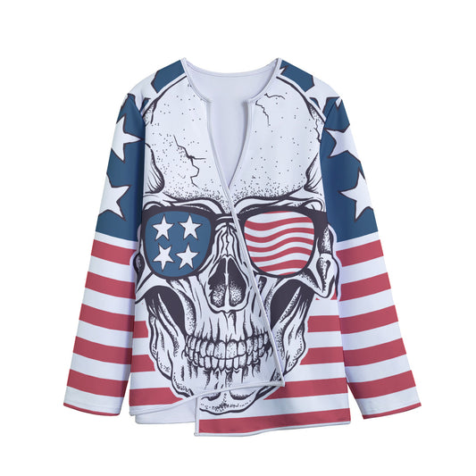 American Skull With Sunglasses Print Long Sleeve Short Coat