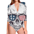 American Skull With Sunglasses Print Long Sleeve Swimsuit