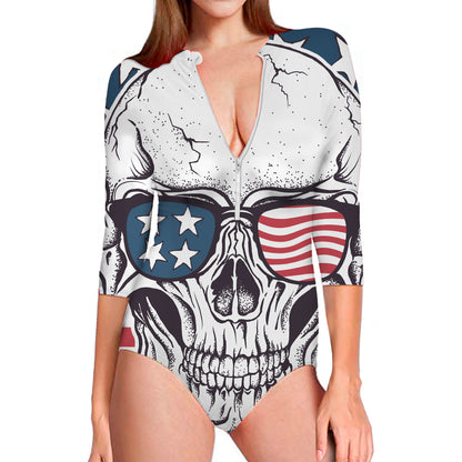 American Skull With Sunglasses Print Long Sleeve Swimsuit