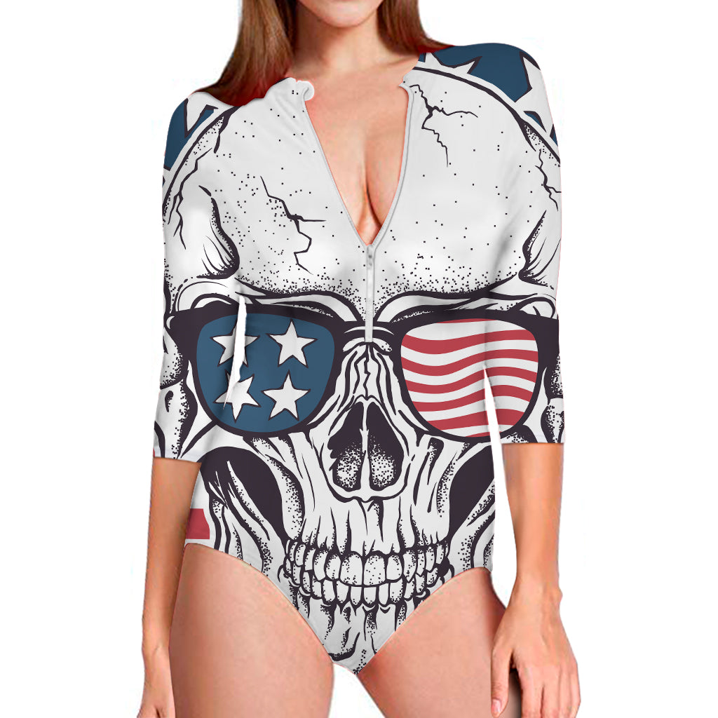 American Skull With Sunglasses Print Long Sleeve Swimsuit