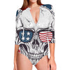 American Skull With Sunglasses Print Long Sleeve Swimsuit