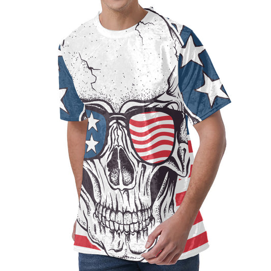 American Skull With Sunglasses Print Men's Velvet T-Shirt