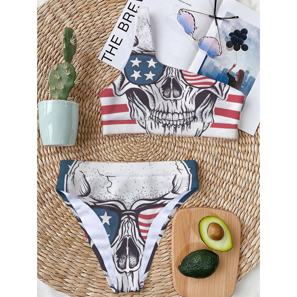 American Skull With Sunglasses Print One Shoulder Bikini Top