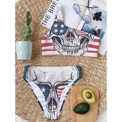 American Skull With Sunglasses Print One Shoulder Bikini Top