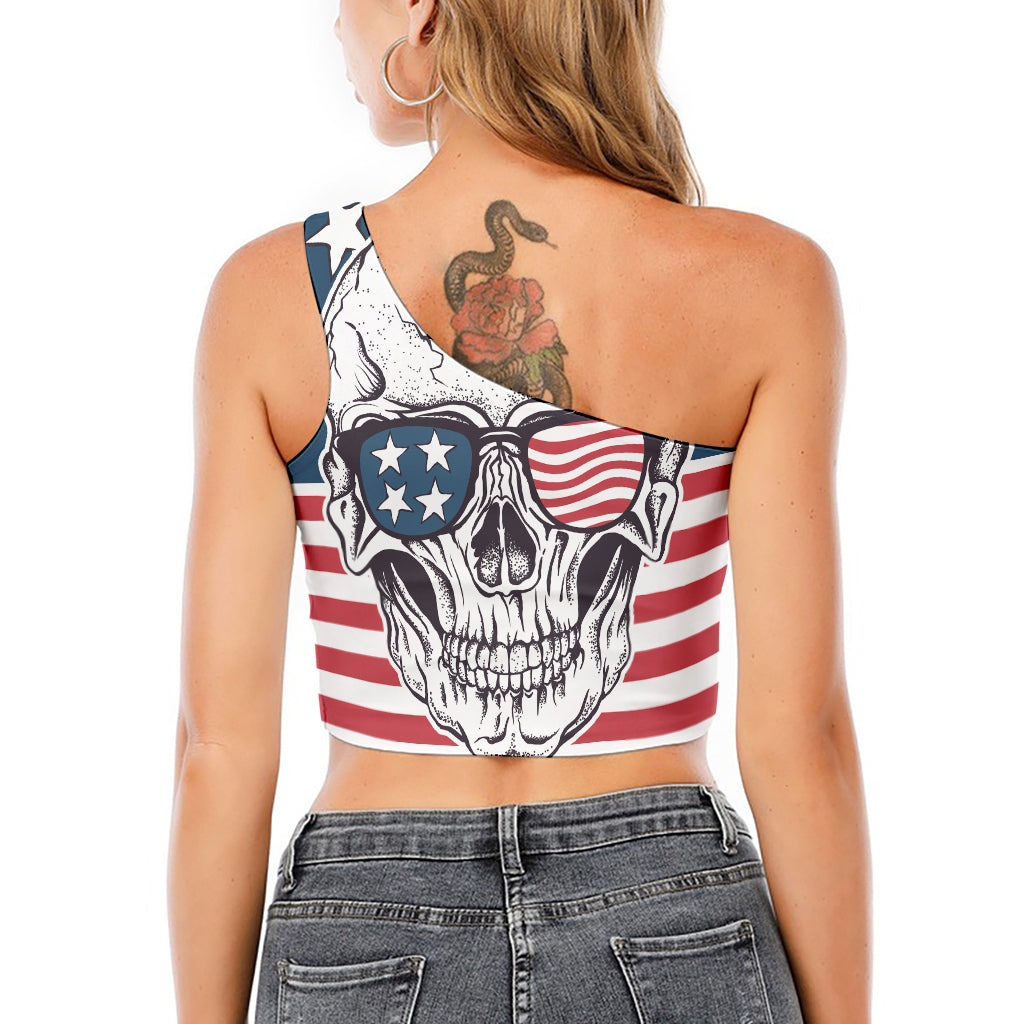 American Skull With Sunglasses Print One Shoulder Crop Top
