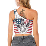 American Skull With Sunglasses Print One Shoulder Crop Top