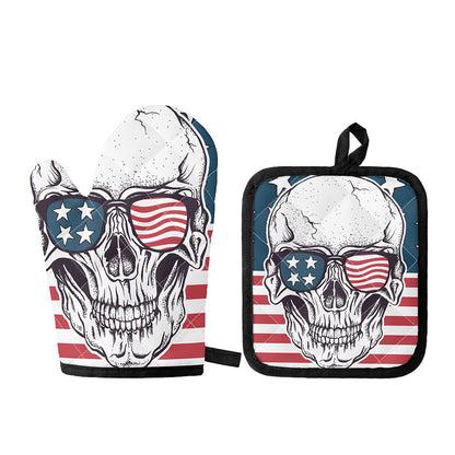 American Skull With Sunglasses Print Oven Mitt And Pot Holder Set