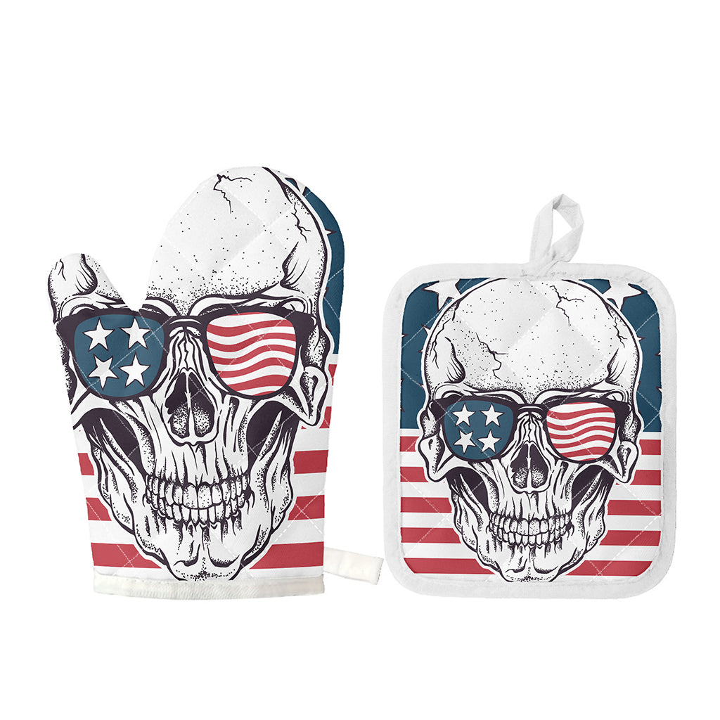 American Skull With Sunglasses Print Oven Mitt And Pot Holder Set