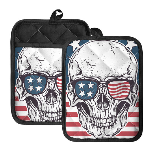 American Skull With Sunglasses Print Pot Holders With Pocket