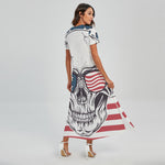 American Skull With Sunglasses Print Short Sleeve Maxi Dress