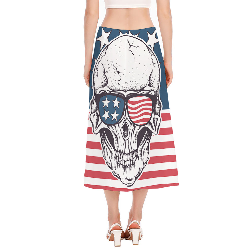 American Skull With Sunglasses Print Side Slit Midi Skirt